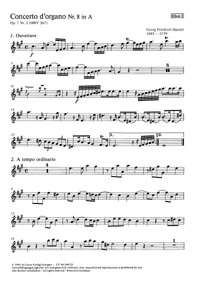 G.F. Händel: Concerto dorgano Nr. 8 in A (Orgelkonzert Nr. 8) HWV 307 op. 7, 2