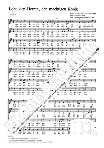 DL: J.S. Bach: Lobe den Herren, den mächtigen Köni, GCh4 (Pa