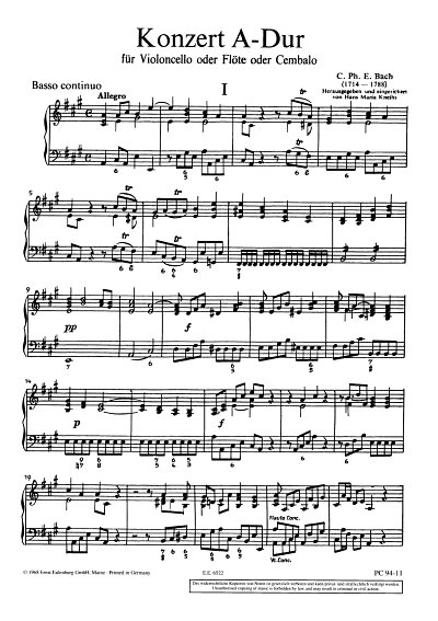 C.P.E. Bach: Konzert A-Dur - Fl (Vc/Cemb) Str Praeclassica