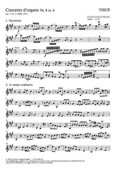 G.F. Haendel: Concerto dorgano Nr. 8 in A (Orgelkonzert Nr. 8) HWV 307 op. 7, 2