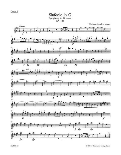 W.A. Mozart: Sinfonie Nr. 15 G-Dur KV 124, Sinfo (HARM)