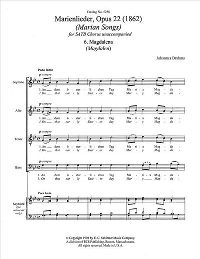J. Brahms: Marienlieder: No. 6. Magdalena, Gch;Klav (Chpa)