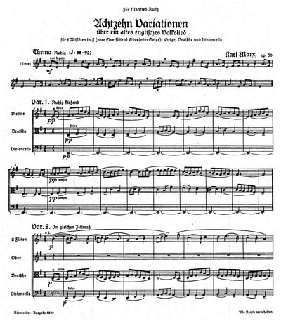 K. Marx: 18 Variationen über ein englisches Volkslied (O the cuckoo is a pretty bird) für zwei Blockflöten in F (oder Querflöten), Oboe (oder Geige), Geige, Bratsche und Violoncello op. 30