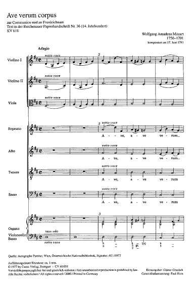 W.A. Mozart: Ave verum corpus D-Dur KV 618, GchStrBc (Part.)