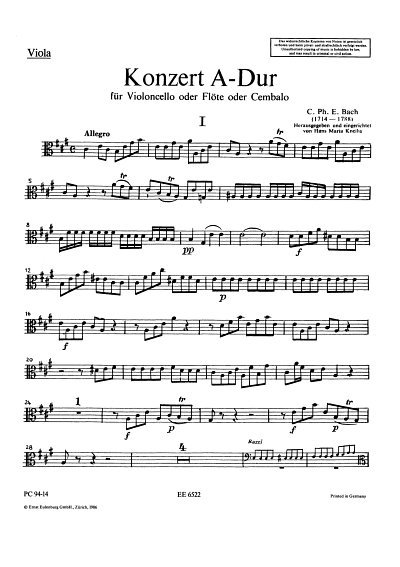 C.P.E. Bach: Konzert A-Dur - Fl (Vc/Cemb) Str Praeclassica