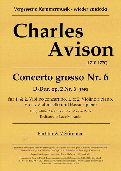 C. Avison: Concerto grosso Nr. 6 D-Dur op. 2, StroBc (Pa+St)