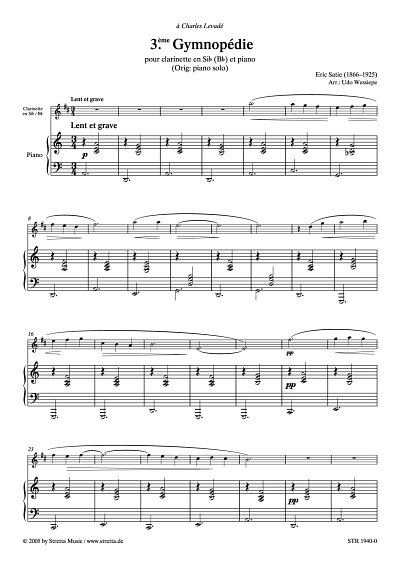 DL: E. Satie: Gymnopedie Nr. 3 bearbeitet fuer Klarinette un