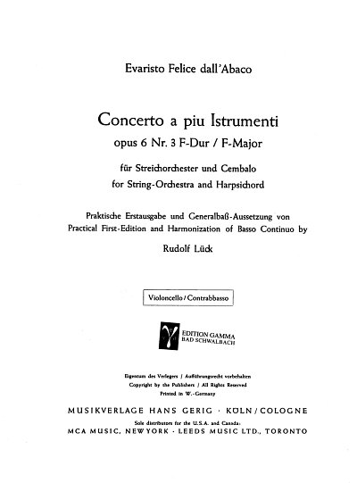 E.F. Dall'Abaco: Concerto a piu Istrumenti F-D, StrCemb (Vc)