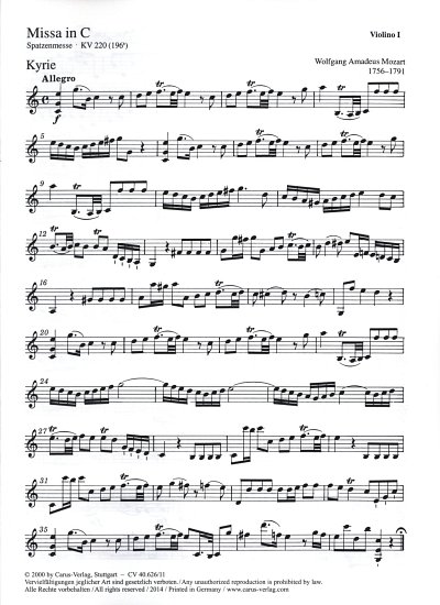W.A. Mozart: Missa in C KV 220 (196b), 4GesGchOrch (Vl1)