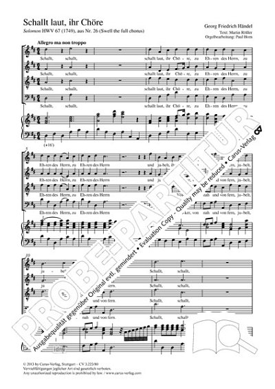 DL: G.F. Händel: Schallt laut, ihr Chöre, zu Ehr, GchOrg (Pa