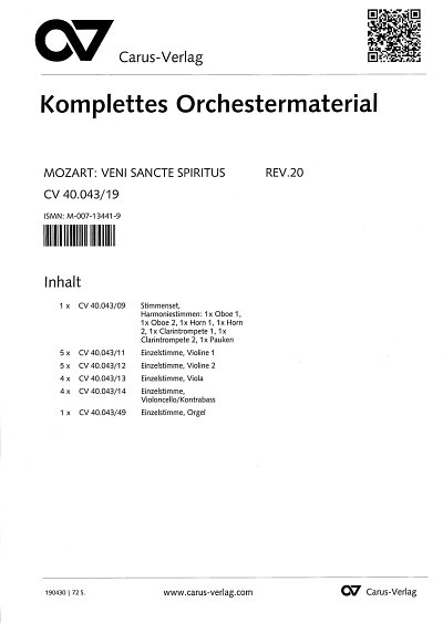 W.A. Mozart: Veni Sancte Spiritus C-D, 4GesGchOrchO (Stsatz)