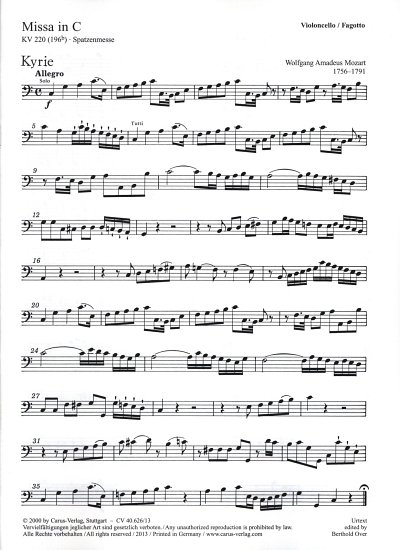 W.A. Mozart: Missa in C KV 220 (196b), 4GesGchOrch (VcFg)