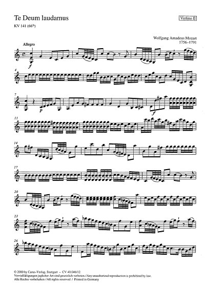 W.A. Mozart: Te Deum C-Dur KV 141(66b), GchOrch (Vl2)