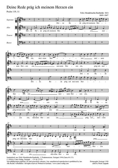 F. Mendelssohn Bartholdy: Deine Rede präg’ ich meinem Herzen ein D-Dur MWV B 2 (1820/21)