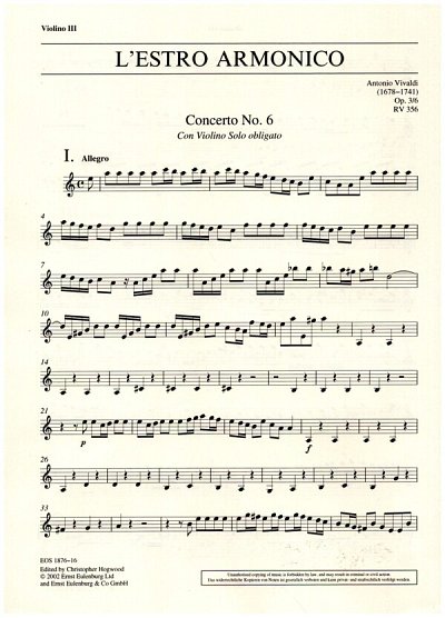 A. Vivaldi: Concerto a-Moll op. 3/6 RV 356, Violine III