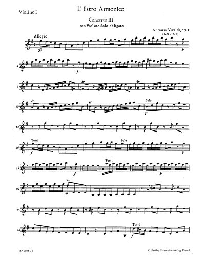 A. Vivaldi: Konzert Nr. 3 G-Dur op. 3, VlStrBc (Vl1)