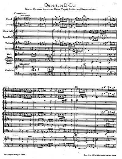 G.P. Telemann: Ouverture für zwei Cornes de chasse, zwei Oboen (Fagotte), Streicher und Basso continuo D-Dur TWV 55:D21