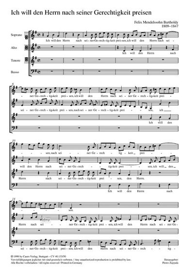 F. Mendelssohn Bartholdy: Ich will den Herrn nach seiner Gerechtigkeit preisen G-Dur MWV B 3 (1821)