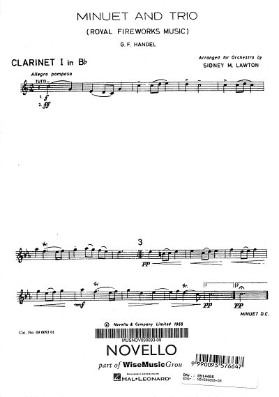 G.F. Handel: Minuet & Trio From Fireworks Music Lw5 Clt 1