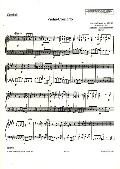 A. Vivaldi: Concerto Grosso E-Dur Op 3/12 - Vl Str Praeclass