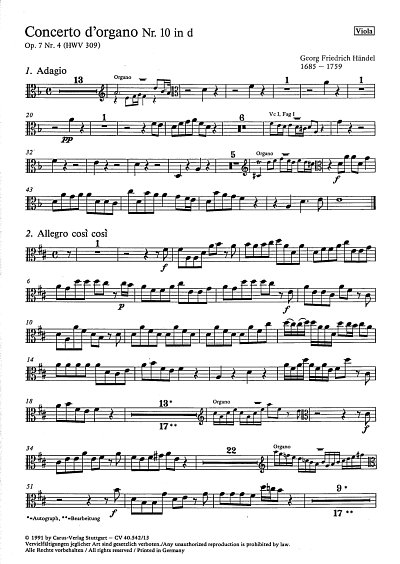 G.F. Händel: Concerto d'organo Nr. 10 in d, OrgOrchBc (Vla)