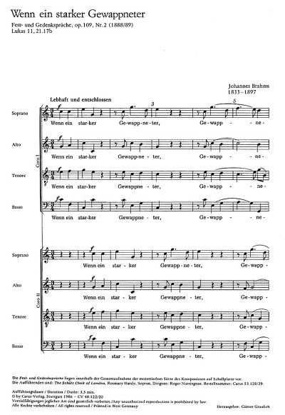 J. Brahms: Wenn ein starker Gewappneter C-Dur op. 109, 2 (1888/89 (?)