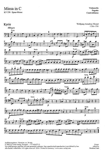W.A. Mozart: Missa in C KV 258, 4GesGchOrch (VcFagKb)