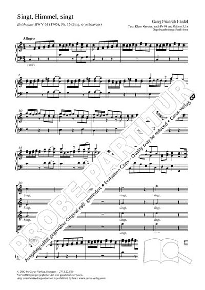 DL: G.F. Händel: Singt, Himmel, singt C-Dur, GchOrg (Part.)