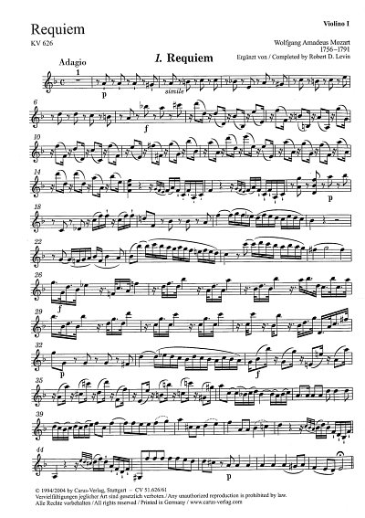 W.A. Mozart: Requiem d-Moll KV 626 (1791, 4GesGchOrchO (Vl1)