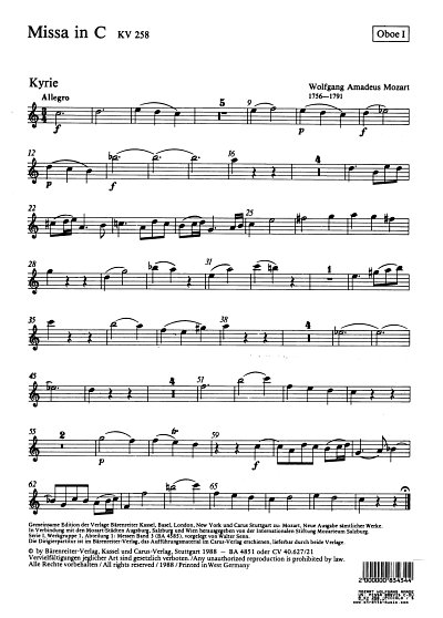 W.A. Mozart: Missa brevis C-Dur KV 258 Piccolo / Spaur-Messe