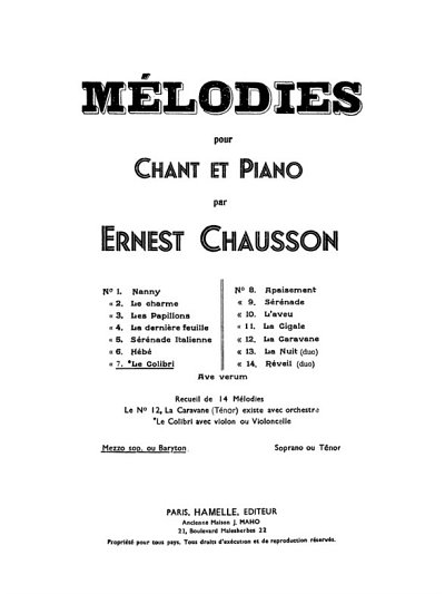 E. Chausson: Le Colibri - Edition, Klav