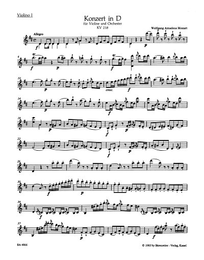 W.A. Mozart: Konzert Nr. 4 D-Dur KV 218, VlOrch (Vl1)