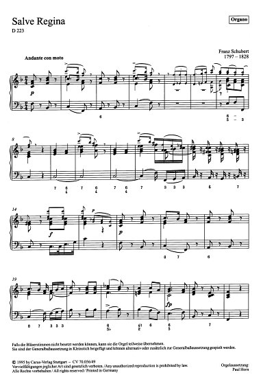 F. Schubert: Salve Regina in F D 223 / Einzelstimme Org.