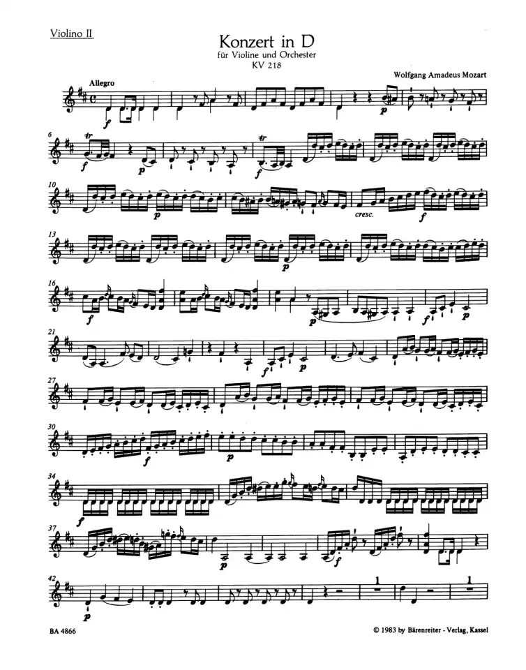 W.A. Mozart: Konzert Nr. 4 D-Dur KV 218, VlOrch (Vl2) (0)