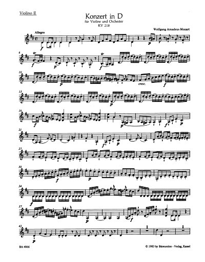 W.A. Mozart: Konzert Nr. 4 D-Dur KV 218, VlOrch (Vl2)