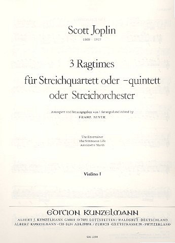 S. Joplin atd.: 3 Ragtimes für Streichquartett oder Streichorchester, Band 1