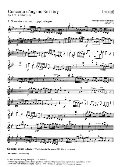 G.F. Händel: Concerto dorgano Nr. 11 in g (Orgelkonzert Nr. 11) HWV 310 op. 7, 5