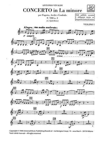 A. Vivaldi: Concerto per Fagotto, Archi e BC  in La Min Rv 498