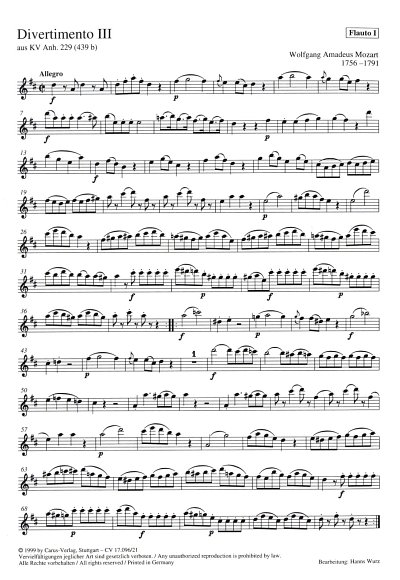 W.A. Mozart: Zwei Divertimenti fuer 3 Querfloeten, 3Fl (Fl1)