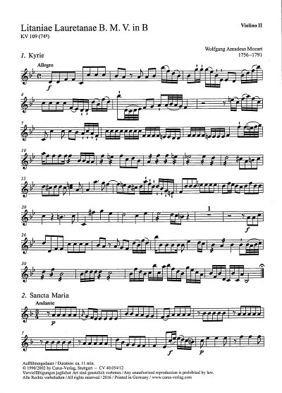 W.A. Mozart: Litaniae Lauretanae B.M.V in B KV 109 (74e) / E
