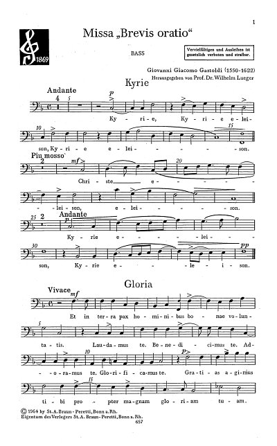 G.G. Gastoldi: Missa Brevis Oratio, GCh4 (Bass)