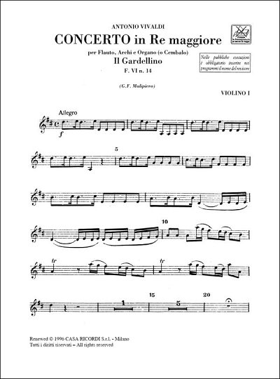 A. Vivaldi: Concerto per Flauto, Archi e BC: In Re Rv 428