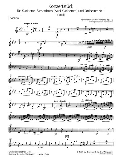 F. Mendelssohn Barth: Konzertstück Nr. 1 in, 2KlarOrch (Vl1)