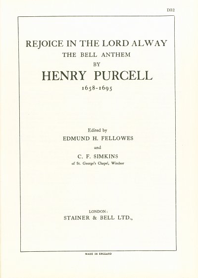 H. Purcell: Rejoice In The Lord
