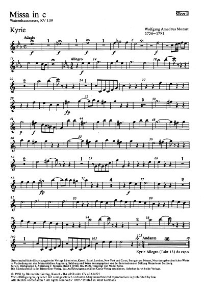 W.A. Mozart: Missa in c c-Moll KV 139 (114a) (1768-69 (?) (dazwischen, spätestens 1770)