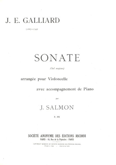 J.E. Galliard: Sonate En Sol Violoncelle Et Piano (Salmon