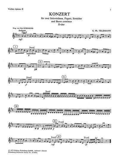 G.P. Telemann: Konzert für 2 Violinen, Fagott und Orch (Vl2)