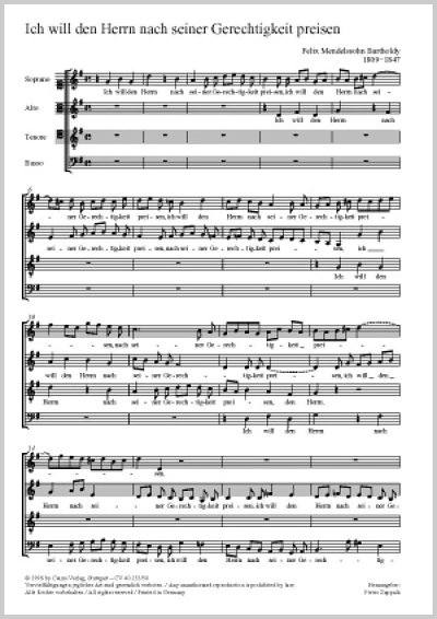 F. Mendelssohn Bartholdy: Ich will den Herrn nach seiner Gerechtigkeit preisen G-Dur B 3 (1821)