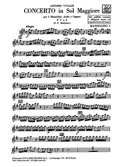 A. Vivaldi: Concerto Per Mandolino, Archi E B.C.:  (Stsatz)