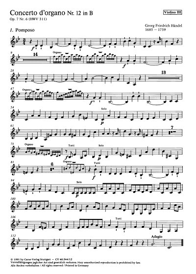 G.F. Händel: Concerto dorgano Nr. 12 in B (Orgelkonzert Nr. 12) HWV 311 op 7, 6